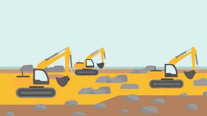 Three excavators working in a construction site with rocks and dirt under a light blue sky area