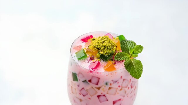 A Delicious Pink Falooda Dessert Drink with Jelly Cubes and Mint on White Background