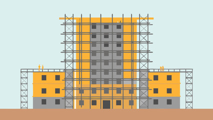 Illustration of a building under construction with scaffolding and two workers on the side structures