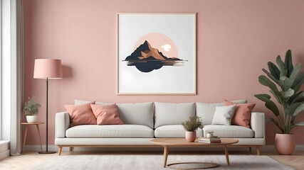 3D illustration mockup photo frame on the wall over sofa in living room