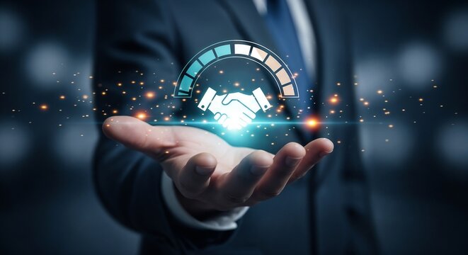 
Trusted partner. Trustworthy collaboration, company or contract. Confidence to work together. Businessman turning knob to highest trust levels. Build trust in business and finance relationships. - Powered by Adobe