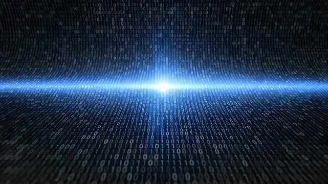 Abstract Binary Code Matrix Visualization with Glowing Center in Blue