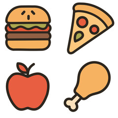 Flat Food Vector Set | Burger, Pizza, Apple and Chicken Drumstick Vector Illustration