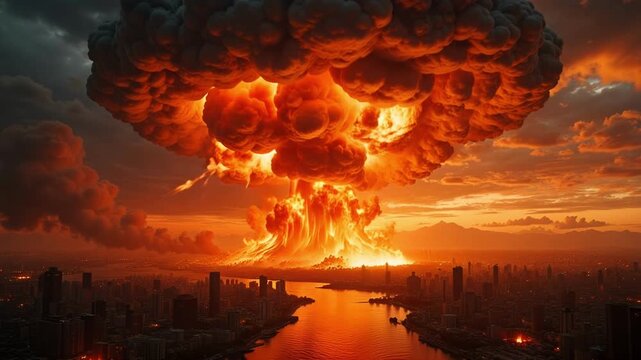 Apocalyptic Mushroom Cloud Over Burning City with Fiery Reflections &ndash; 4K Cinematic Footage