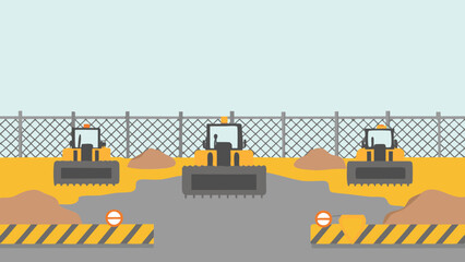 Three bulldozers in a construction site behind a chain link fence and warning barriers present here