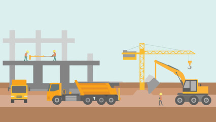 Illustration of a construction site with workers trucks and cranes on a light blue and brown background