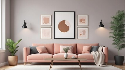 Frame mockup poster in home living room design, element interior 