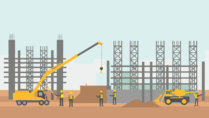 Illustration of a construction site with crane, excavator, and workers on a light blue background