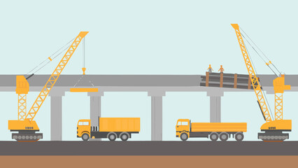 Illustration of bridge construction with cranes trucks and workers in a flat design style scene view