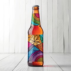 Vibrant Geometric Beer Bottle Mockup Colorful Abstract Label Design, White Wood Background, Bottle Composition Craft Beer, Mockup
