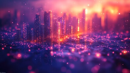 Fototapeta premium Neon city skyline at dusk