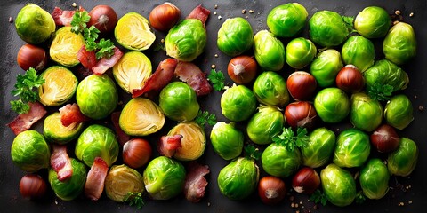 Brussels sprouts chestnuts bacon and herbs arranged for roasting