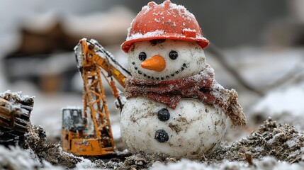 A Snowy Construction Site's Unexpected Visitor: A Miniature Snowman in a Hard Hat