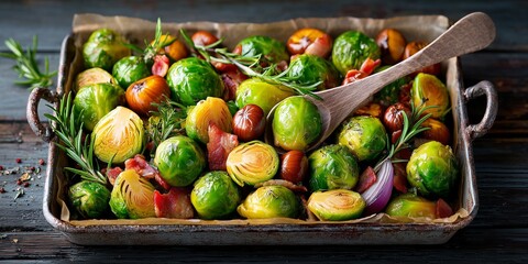 Brussels sprouts roasted with bacon chestnuts onions and rosemary