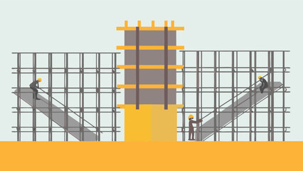 Illustration of construction workers on scaffolding around a building under construction site project