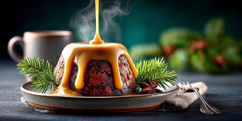 Steaming Christmas pudding with brandy sauce and festive seasonal garnish