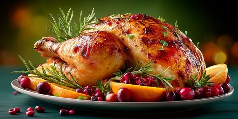 Festive roast turkey with rosemary cranberries and oranges on a holiday table