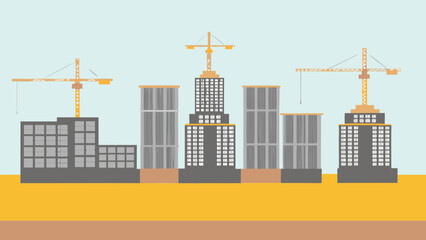 Illustration of a cityscape with buildings and construction cranes under a light blue sky scene view