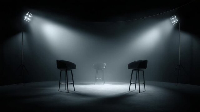 Empty Interview Room with Stools and Spotlights, Cinematic Atmosphere, Waiting for the Interview