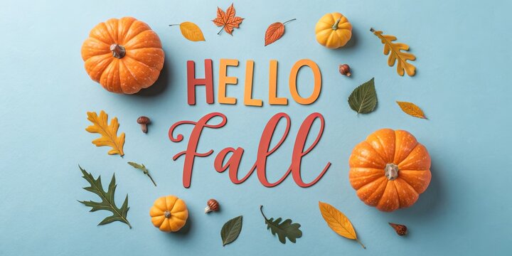 Hello Fall Flatlay Pumpkins, Leaves and Autumn Decor, fall , autumn