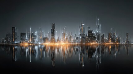 Futuristic city skyline glows with circuit-style lighting, representing smart eco-architecture, digital grid integration, and modern urban planning for sustainable cities.