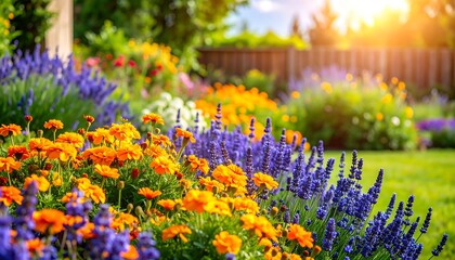 Vibrant flowerbeds in a sunny garden
