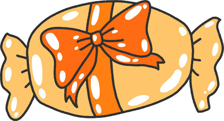 Orange Candy-Shaped Gift with Ribbon – Cute Hand-Drawn Present PNG