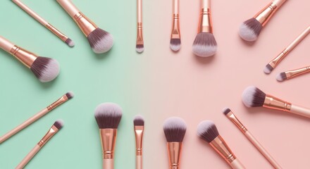 Set of Makeup Brushes with Rose Gold Handles on Pastel Pink and Green Background for Beauty and Cosmetics