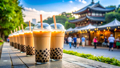 Boba Tea Row with Asian City Park.