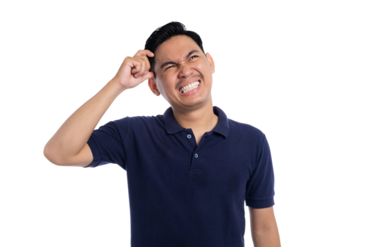 Confused Asian man scratching head and looking frustrated trying to remember or solve a problem isolated on transparent background