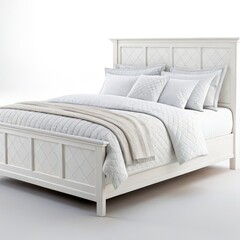 White Panel Bed with Quilted Bedding 3D Render, Bedroom Decor, White and Grey Palette Bedroom Design, 3D Model