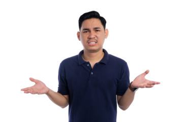 Confused Asian man with uncertain expression and open hands gesture isolated on transparent background