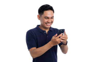 Smiling Asian man using smartphone while looking at screen with happy expression isolated on transparent background