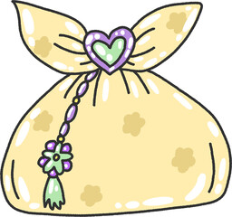 Yellow Korean Bojagi Gift with Heart Ornament and Tassel – Cute Traditional Wrapping Illustration PNG