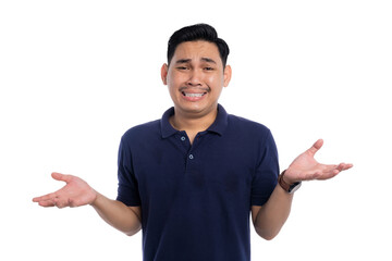 Confused Asian man with uncertain expression and open hands gesture isolated on transparent...