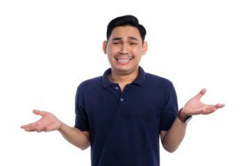 Confused Asian man with uncertain expression and open hands gesture isolated on transparent background