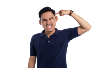 Angry Asian man pointing finger at head with annoyed and frustrated expression isolated on transparent background