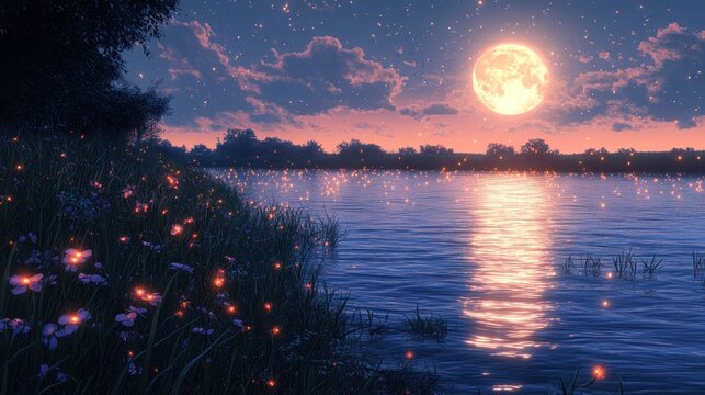Nighttime lake, fireflies, moonlit