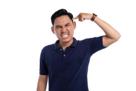 Angry Asian man pointing finger at head with annoyed and frustrated expression isolated on transparent background