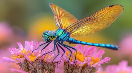 Vibrant dragonfly perched on pink flower cluster.  Close-up macro shot showcasing intricate wing patterns and iridescent body colors