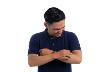 Asian man scratching itchy arm with painful and irritated expression isolated on transparent background