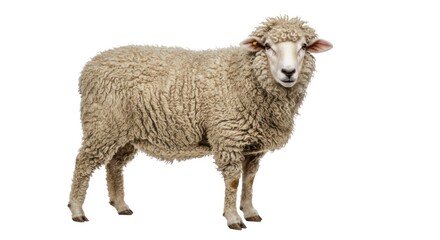 Sheep with Curly Wool Standing in Isolated White Background