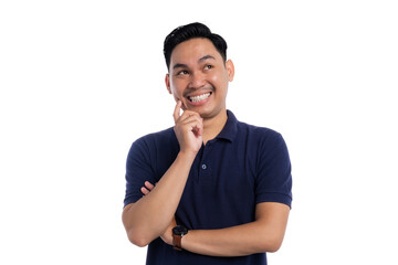 Smiling Asian man thinking with hand on chin and looking up with curious expression isolated on transparent background