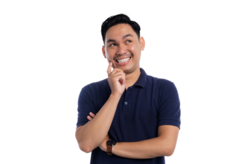 Smiling Asian man thinking with hand on chin and looking up with curious expression isolated on transparent background