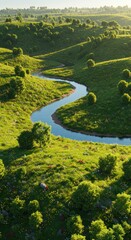Serene Green Valley Landscape with Winding River Surrounded by Lush Trees and Vibrant Wildflowers in Sunlit Countryside