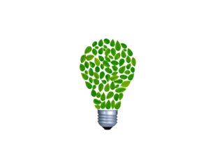 Green eco light bulb with leaves symbolizing energy, innovation and environmental growth isolated on white background