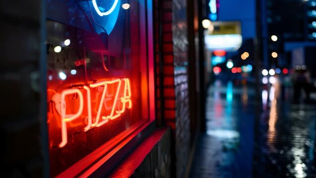 A bright neon pizza sign glows against a rainy backdrop, reflecting on the wet pavement. The city lights create a lively ambiance around the pizza shop during the evening. - Powered by Adobe