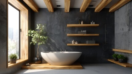 Modern bathroom with wooden beams and dark stone walls.