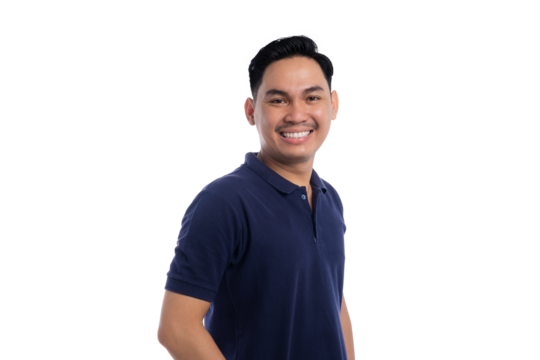 Confident smiling man in navy blue polo shirt looking at camera with relaxed and friendly expression isolated on transparent background