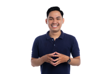 Smiling Asian man showing steeple hands gesture with confident and friendly expression isolated on transparent background